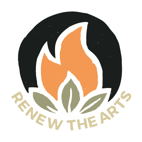 Renew the Arts logo three leaves underneath an orange flame